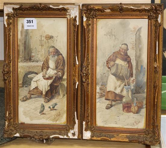 Eduardo Vitalia, pair of watercolours, Monks decanting wine and polishing a copper bowl, signed, 34 x 16cm